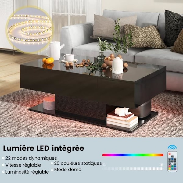 COSTWAY soffbord med 20 färgglada LED-lampor, sidobord med 22 lägen och lådor, fjärrkontroll, blank finish, svart