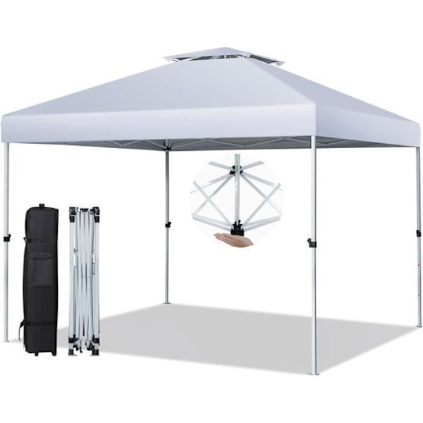 COSTWAY Kokoontaittuva huvimaja 305x305cm Pop-up-Säädettävä korkeus-Kuljetuslaukku pyörillä-Kaksoistuuletettu katto Anti UV 50+-Hopean valkoinen Vit