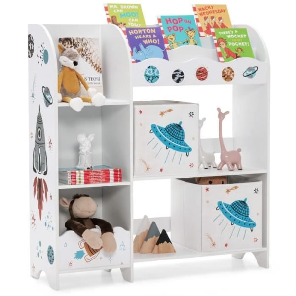 COSTWAY Förvaringsenhet för leksaker och böcker med 2 Shuttle-tema tyglådor för barnens sovrum