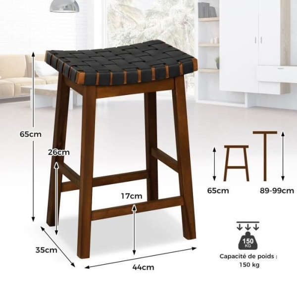 COSTWAY Setti, 2 baarituolia kudottua PU-keinonahkaa, kaareva istuin, puurunko, enimmäiskuorma 150 kg, 44 x 35 x 65 cm Brun + Svart