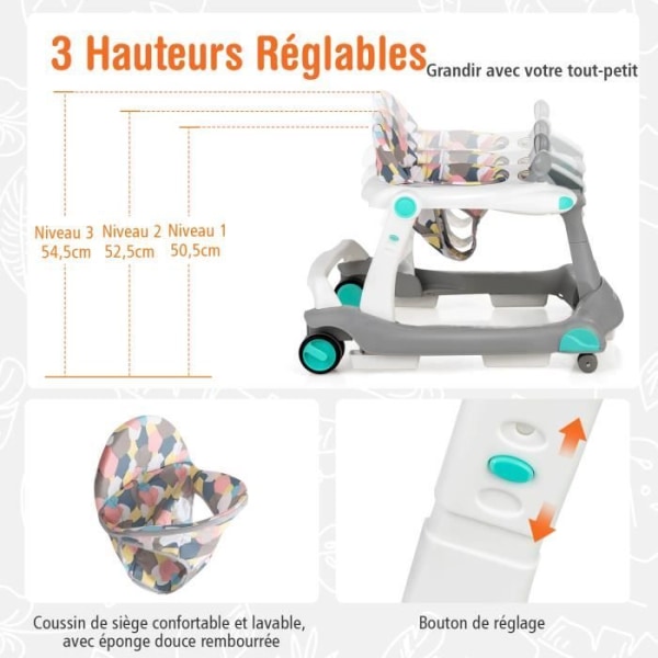 COSTWAY Musical Foldable Baby Walker 2 i 1 justerbar höjd/hastighet Ljudeffekt med lampor Tvättbar sittdyna ljusgrå Flerfärgad