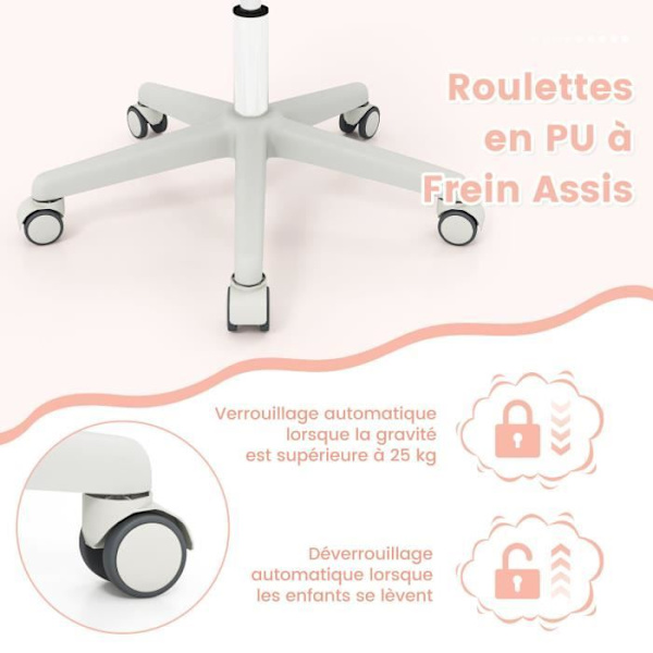 COSTWAY Ergonomisk drejelig kontorstol til børn 6-15 år, 5 bremsehjul, Justerbar sædehøjde 43-55 cm, Pink Rosa