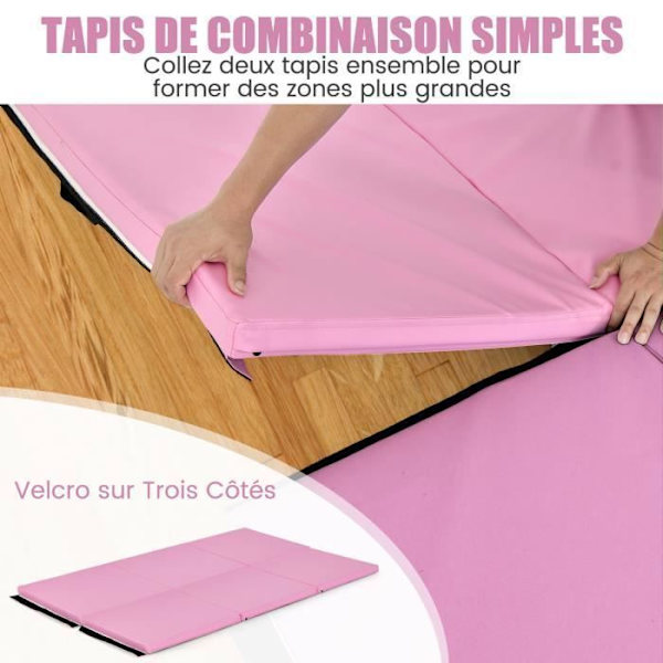 COSTWAY Foldbar Gymnastikmåtte-180 x 60 x 5cm-3 lag med håndtag-kroge- og løkkebefæstelser-Vandtæt PU EPE-fyldning-Pink Rosa