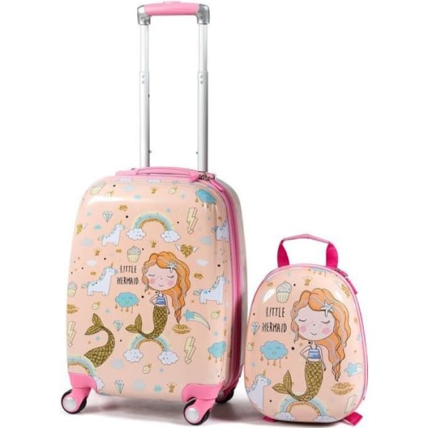 COSTWAY 16'' rullväska för barn + 12'' ryggsäck barnbagageset med sjöjungfrumönster för flickor Rosa