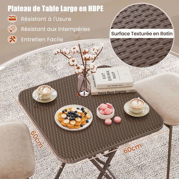 COSTWAY Sammenfoldeligt Havebord 60 cm, Plade i Tekstil Rattan i PEHD, Metalplade, Transportgreb Kaffe