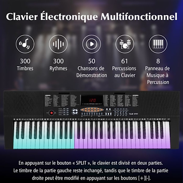 COSTWAY Digitale Klaver 61 Taster, 300 Rytmer, 300 Timbrer, 50 Demos, 3 Undervisningsmuligheder, LED Skærm, Mikrofon, Notestativ
