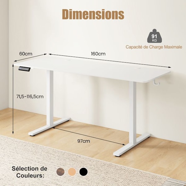 COSTWAY elektrisk sidde-stå skrivebord 160 x 60 cm, 3 justerbare hukommelseshøjder, 2 kroge, kabelhuller, hvid