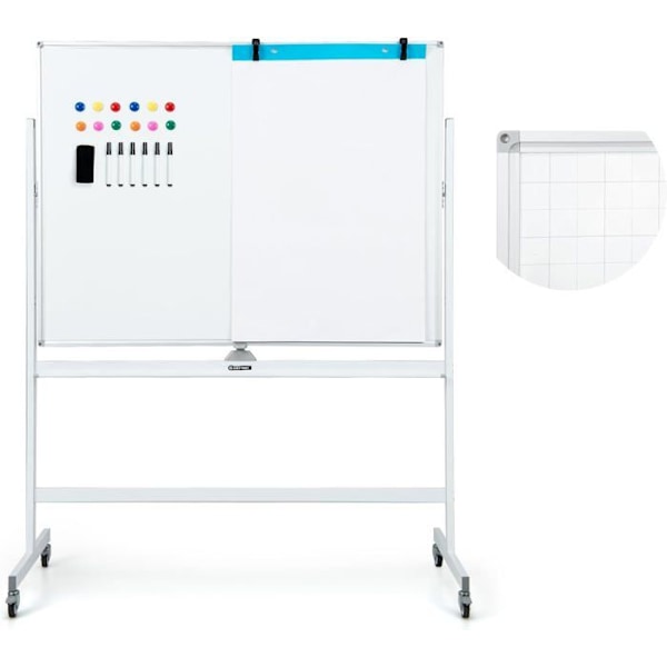 COSTWAY Magnetisk tavle 120 x 90 cm Dobbeltsidet vendbar tørsletning 2 justerbar højde 4 mobile hjul Hvid