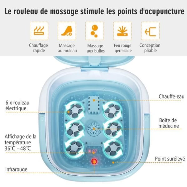 COSTWAY Fällbart Thalasso Balneoterapi fotbad med fjärrkontroll 10-60min Timer 36-48℃ med bubbelmassage, vibration