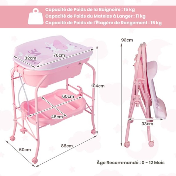COSTWAY Skiftedragt Baby-Vask 20L 4 i 1 Sammenklappelig 4 Hjul, Slange 1m, Opbevaringsbakke Vandtæt PVC Pude 35Kg Rosa