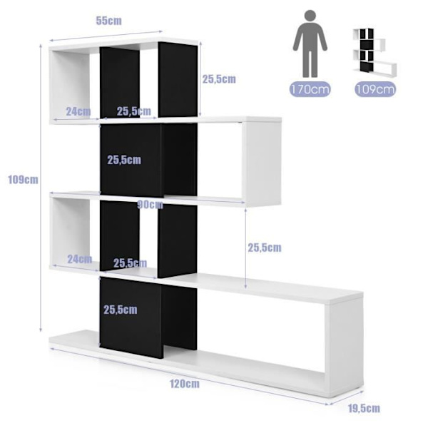 COSTWAY 5-lags bogreol 120x19,5x109 CM opbevaringshylde med anti-vippe-enhed og skridsikre puder Sort