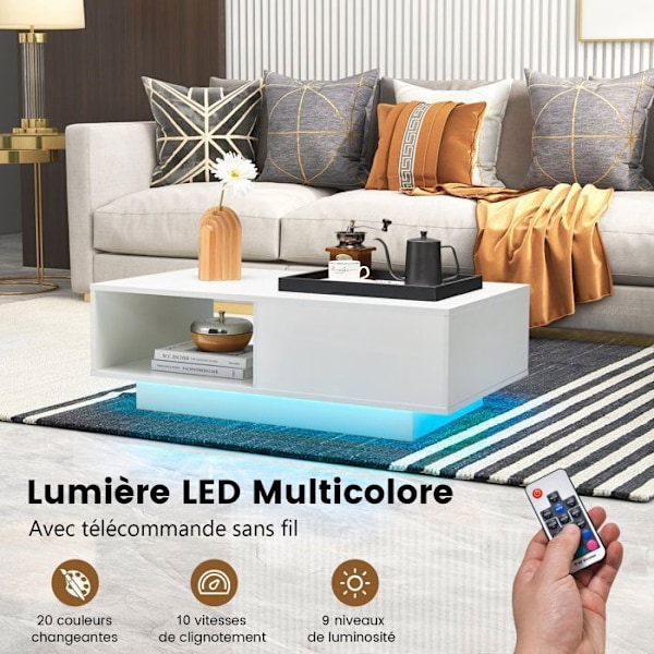 COSTWAY Sofabord - LED Lys 20 Farver - 95 x 55 x 31 CM - LED Sofabord med Stort Skuffe og Rum - Hvid Vit