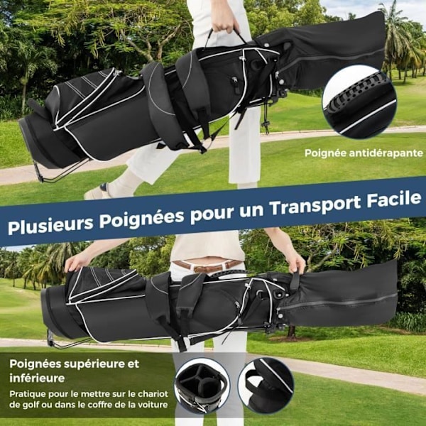 COSTWAY Portable Tripod Golf Bag - 4-vägsfack - 4 fickor med dragkedja - Kylväska - Dubbel axelrem - Regnskydd - Svart