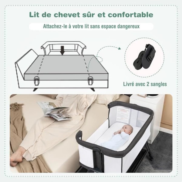 COSTWAY Co-Sleeping Bed Babyvagga med madrass, 4 låsbara hjul, fästa remmar, förvaringshylla, 7 justerbara höjder, 9 kg Grå och vit