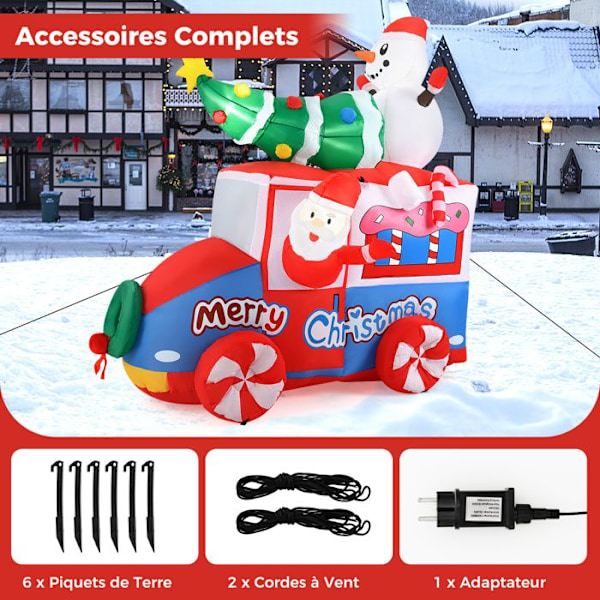 COSTWAY 70" uppblåsbar jultomte på bil, uppblåsbar dekoration med snögubbe, julgran och krans, 5 LED