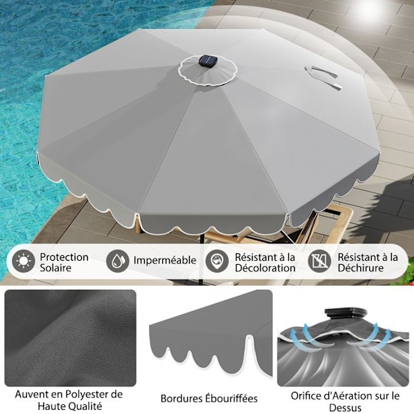 COSTWAY Parasol för Trädgård 3M 24 LED-lampor - Solskydd - Justerbar Lutning 35° - 8 Spön för Strand Terass Grå