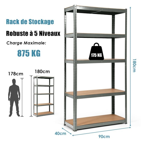 COSTWAY Multi-Purpose Opbevaringsenhed Belastning 875 KG, 5 justerbare hylder, Garagereol til Værkstedskøkken Lager, Grå Grå