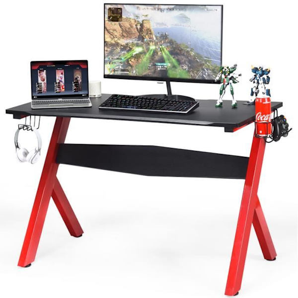 COSTWAY Gaming Desk til E-Sport med kopholder, musemåtte, kulfiberhovedtelefonholder og stålramme Svart