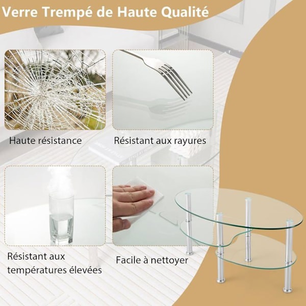 COSTWAY Ovalt Sofabord i Tempereret Glas med 3 Niveauer, 89 x 51 x 45 CM, Moderne Stuebord med Metalben, Transparent Transparent