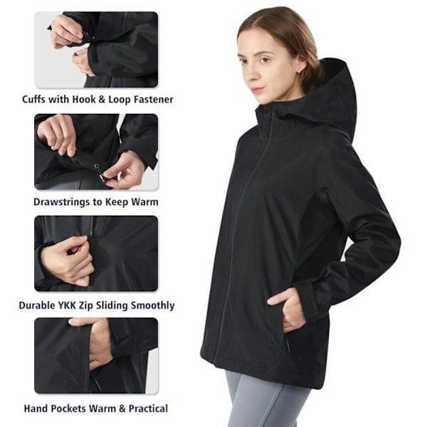 COSTWAY Trenchcoat til kvinder, regnjakke med hætte, vind- og vandafvisende udendørsjakke i nylon, langærmet, sort, L Svart S