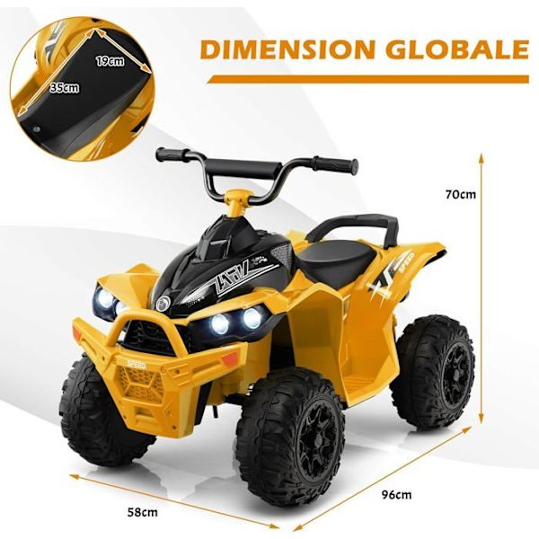 COSTWAY Electric Quad lapsille 12V7Ah, LED, Musiikki, Torvi, Leveät pyörät, Lapsille 3-8 V., 96 x 58 x 70 cm, Keltainen