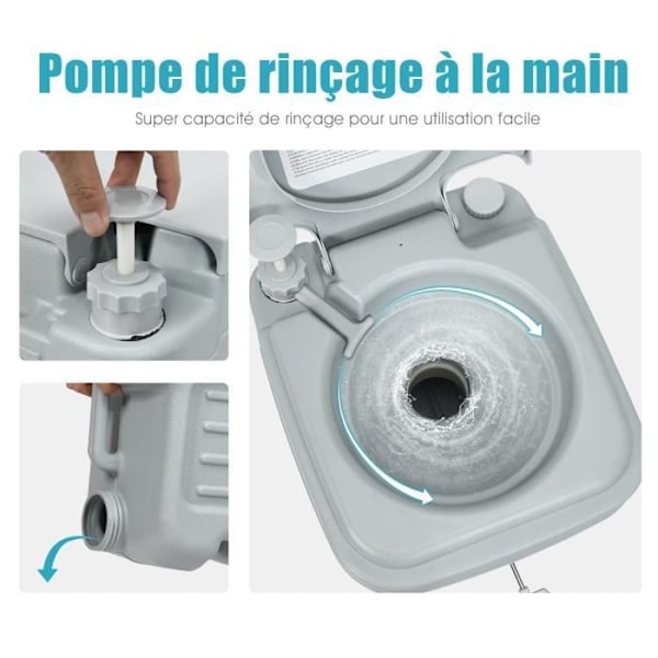 COSTWAY Portable Chemical Toilet Tørtoilet - 20L i HDPE til campingvogn, campingvogn og hospitalsbelastning : 100 kg Grå Grå