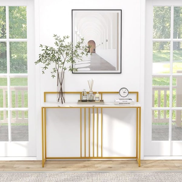 COSTWAY Marble Print Console Bord - 120 x 32,5 x 88 CM - Guld Metallram Modern skandinavisk stil hallmöbler Vit + guld