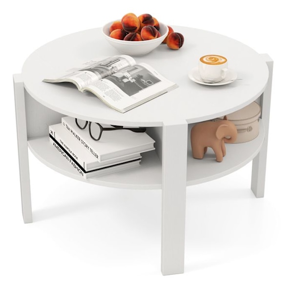 COSTWAY Rund Sofabord med 2 Niveauer og Opbevaring, 4 Hylder, Faux Træ Plade, Sidebord 74,5 x 74,5 x 45,5 cm