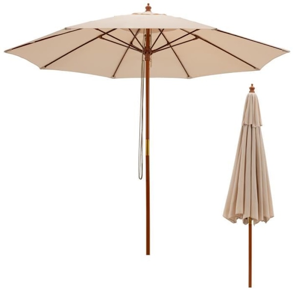 COSTWAY Haveparasol Foldbar 2,9M med Snoretrækmekanisme Træstang 8 Spiler i Glasfiber til Have Beige
