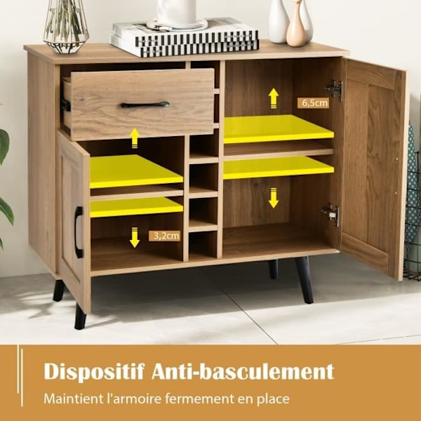 COSTWAY Industrisk Buffet med 6 Flaskestativer, 2 Døres Skab, til Spisestue, Stue, Køkken, 90 x 40 x 79 cm Naturlig