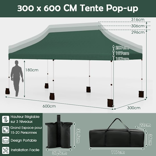 COSTWAY Kattopaviljonki 3 x 6M - Pop-up 6 Hiekka Sakset - Aurinkosuoja - Säädettävä Korkeus Juhliin, BBQ Vihreä