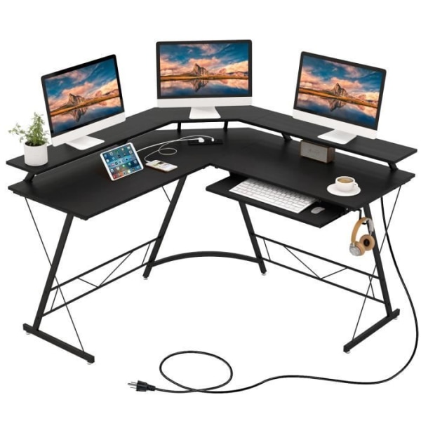 COSTWAY datorhörnskrivbord - bildskärmsställ, eluttag, tangentbordsbricka, hörlurskrok, svart