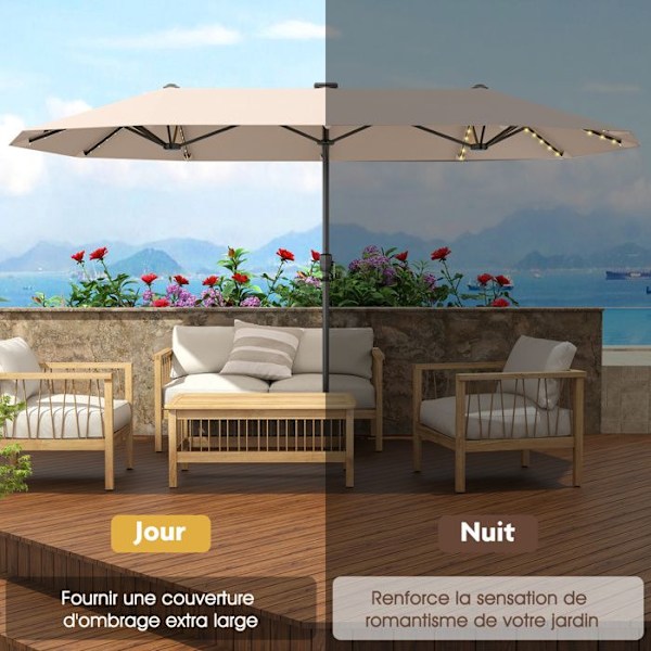 Rektangulær Have Parasol 392 x 212 x 222 cm - COSTWAY - 108 LED'er - 12 Stærke Spidser til UV-Beskyttelse Beige