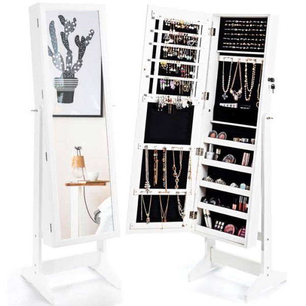 COSTWAY fristående smyckesskåp med 4 vinklar fristående spegel, smyckeförvaring och display, vit