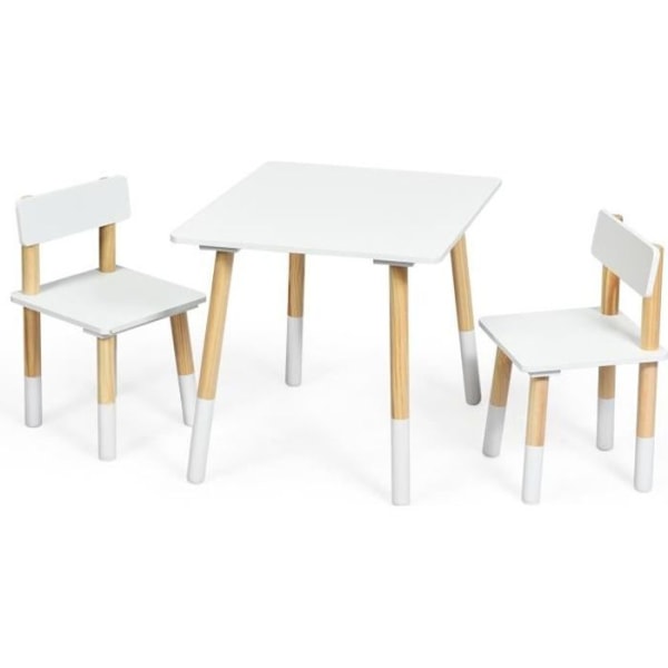 COSTWAY Set med barnbord och 2 stolar i skandinavisk stil Träbord för barnens sovrum, dagis Vit