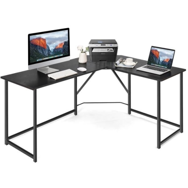 COSTWAY L-formet hjørnecomputerbord, moderne computerbord med forstærket metalstel, 148 x 120 x 75 cm, sort Svart