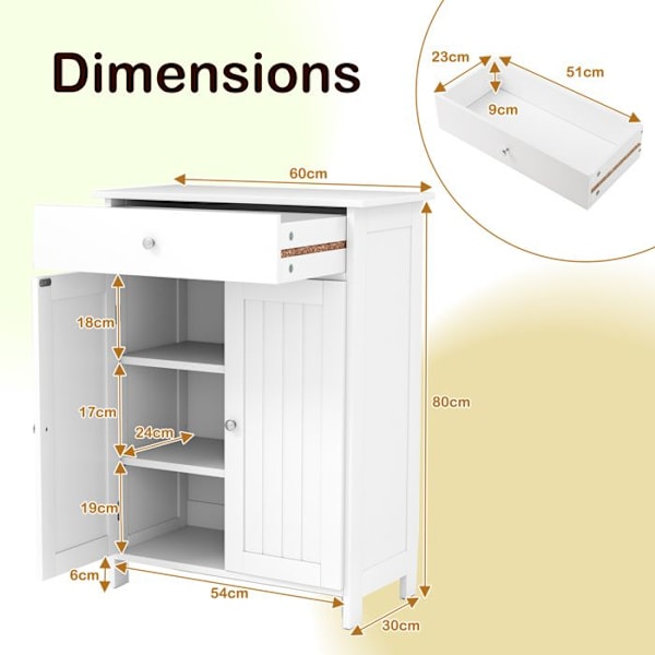 COSTWAY Badeværelse Skab med 2 Døre, Skuffe og Justerbar Hylde, til Stue, Entré, Køkken, 60x30x80 cm Hvid