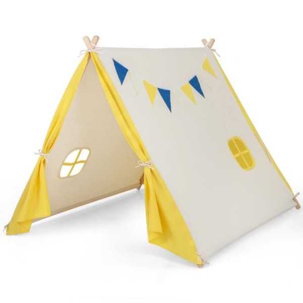 COSTWAY tipi-tält för barn i bomull med dekorativa flaggor och fönsterstabil träkonstruktion, inomhus och utomhus