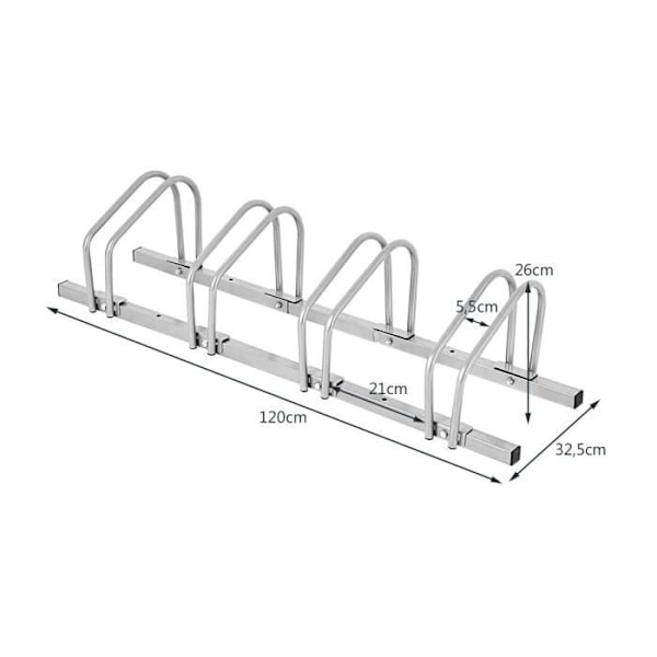 COSTWAY System Rack 4 Cykler i Stål Gulv- eller Vægmontering 120x32.5x26CM Vejrbestandig Rustfri Skole Handel Grå