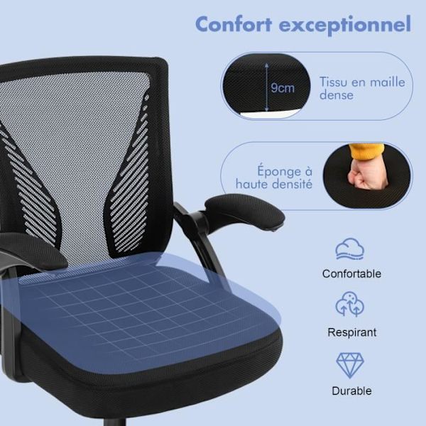 COSTWAY Ergonomisk kontorstol med foldbare armlæn, 30° vippet ryglæn, justerbart sæde fra 45 til 55 cm Svart