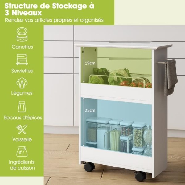 COSTWAY Opbevaringsvogn med Hjul i 3 niveauer, med Håndklædeholder, til Badeværelse, Køkken, Kontor, 46 x 20 x 65 cm