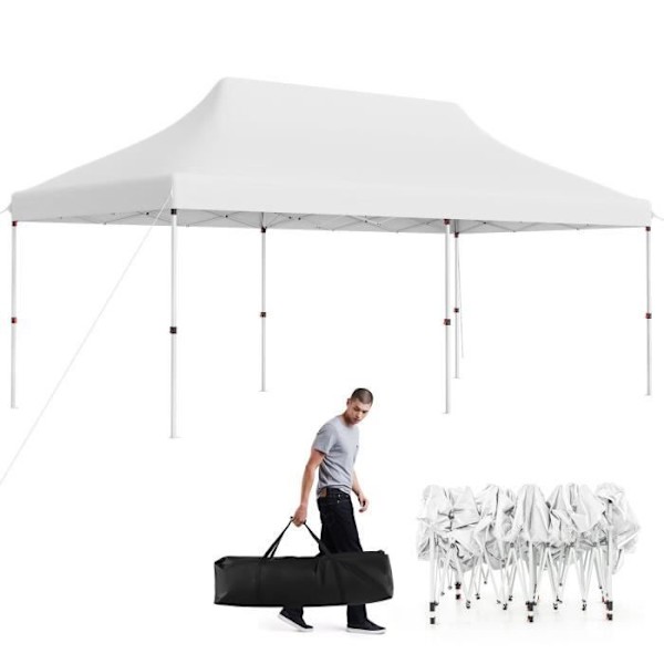 COSTWAY Foldable Have Telt 3x6M-Solbeskyttelse UPF50+, Vandtæt-Bærepose-3 Højdejusterbar--15-20 Personer-Hvid