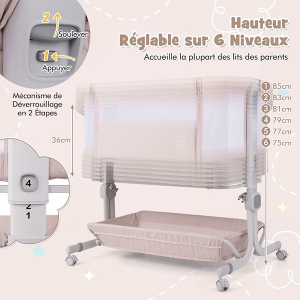 Samsovande babysäng med 2,5 cm madrass COSTWAY-Från födseln-9 kg-6 höjder-4 hjul-hopfällbar bärbar-Förvaringshylla-Beige