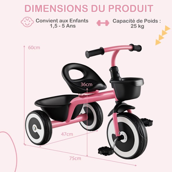 COSTWAY Trike til Barn med Pedaler, Justerbart Sæde, Opbevaringskurve, Robust Kulstofstål, 4 EVA Hjul, 1,5 til 5 År, Lyserød