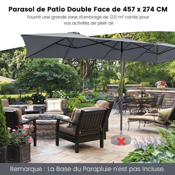 COSTWAY Parasol Dobbelt Have XXL 426 x 260 CM, med 10 ribber Metalramme Håndtag Med Gears Ventileret Top til Have Balkon, Grå
