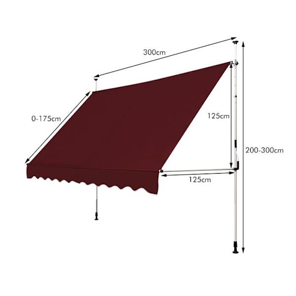 COSTWAY Butik Banne Manuel Retraktabel utan Borrning 300x125CM-Vinkel, Justerbar Höjd-i Metall och Tyg-Fönster, Balkong, Trädgård-Röd