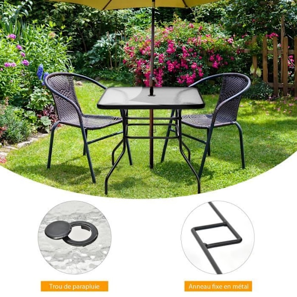 COSTWAY Firkantet metalhavebord med glasplade 81 x 81 x 71 CM Moderne stil til terrasse, balkon og gårdhave, sort Svart