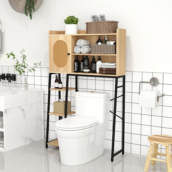 COSTWAY WC-yksikkö WC:n päällä, PE-rottinkiovi, avoimet ja säädettävät säilytyshyllyt, 89 x 29 x 139 cm Natur