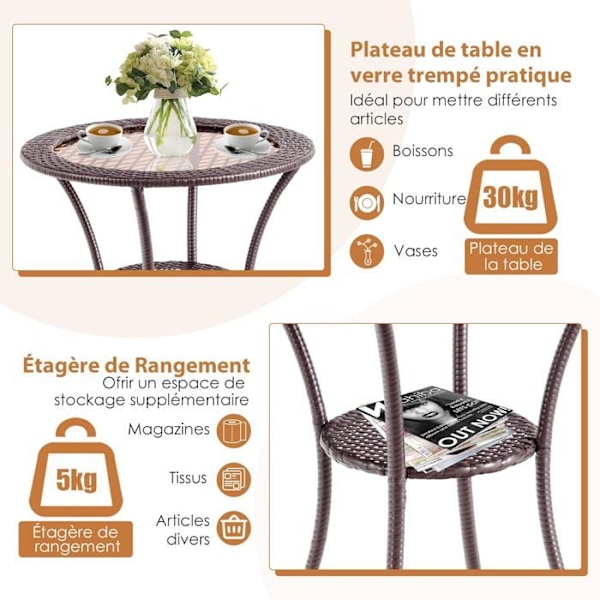 COSTWAY Havemøbel i rattan, top af hærdet glas, ramme i rustfrit jern, opbevaringsplads, rundt bord 64 x 71 cm