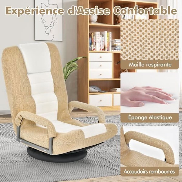 COSTWAY Fældbar Relax Stole, 360° Drejebase, Justerbart Ryg i 6 Positioner, Maksimal Belastning 150 KG Beige Beige och vit